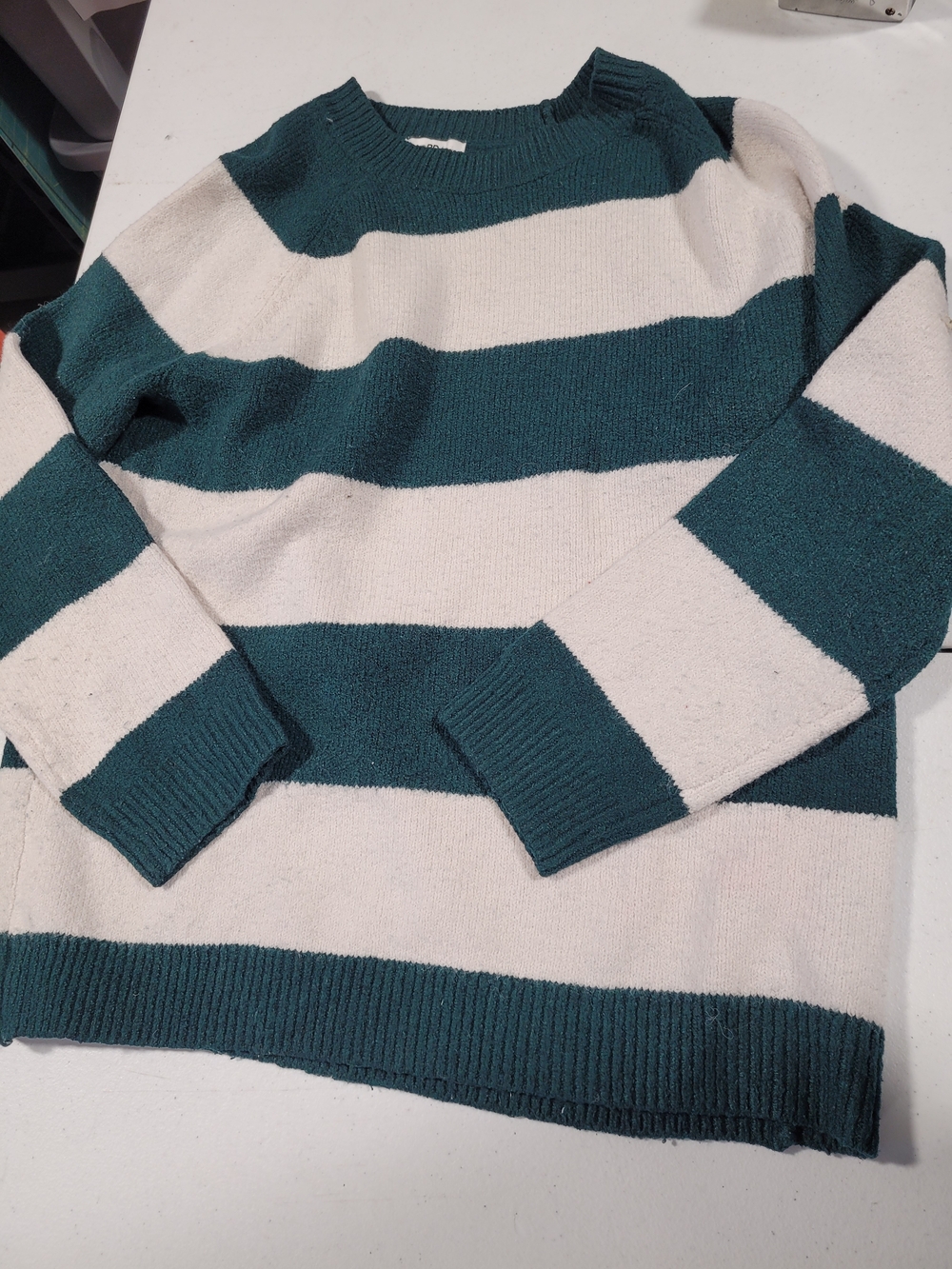 bp Teal and Cream Striped Crewneck Sweater